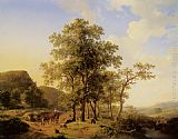 A Treelined River Landscape with Figures and Cattle an a Path by Hendrikus van den Sande Bakhuyzen